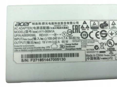 ORYG. ZASILACZ ACER 65W 19V - 3.42A 3.0/1.1 ORYG. ZASILACZ ACER 65W 19V - 3.42A 3.0/1.1