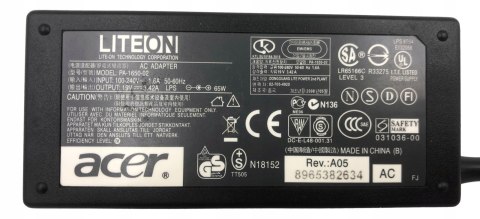ORYG. ZASILACZ LITEON 65W 19V - 3.42A 5.5/1.7 ORYG. ZASILACZ LITEON 65W 19V - 3.42A 5.5/1.7
